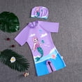 thumbnail image 6 of Rggeeun Baby Girls One-Piece Cartoon Print Short Sleeve Crew Neck Back Zipper Knit Slim Fit Elastic with Matching Hat for Summer Resort Swimming Stylish Swimwear,Purple,8-9 Years, 6 of 8