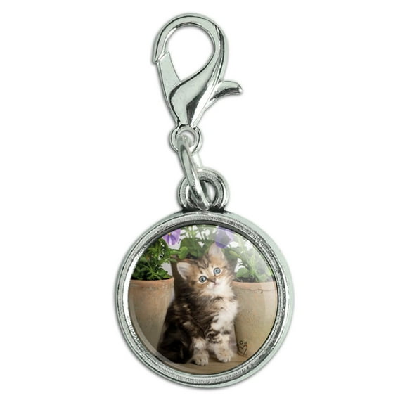 Ragdoll Tiffany Kitten Cat Flower Pots Antiqued Bracelet Pendant Zipper Pull Charm with Lobster Clasp