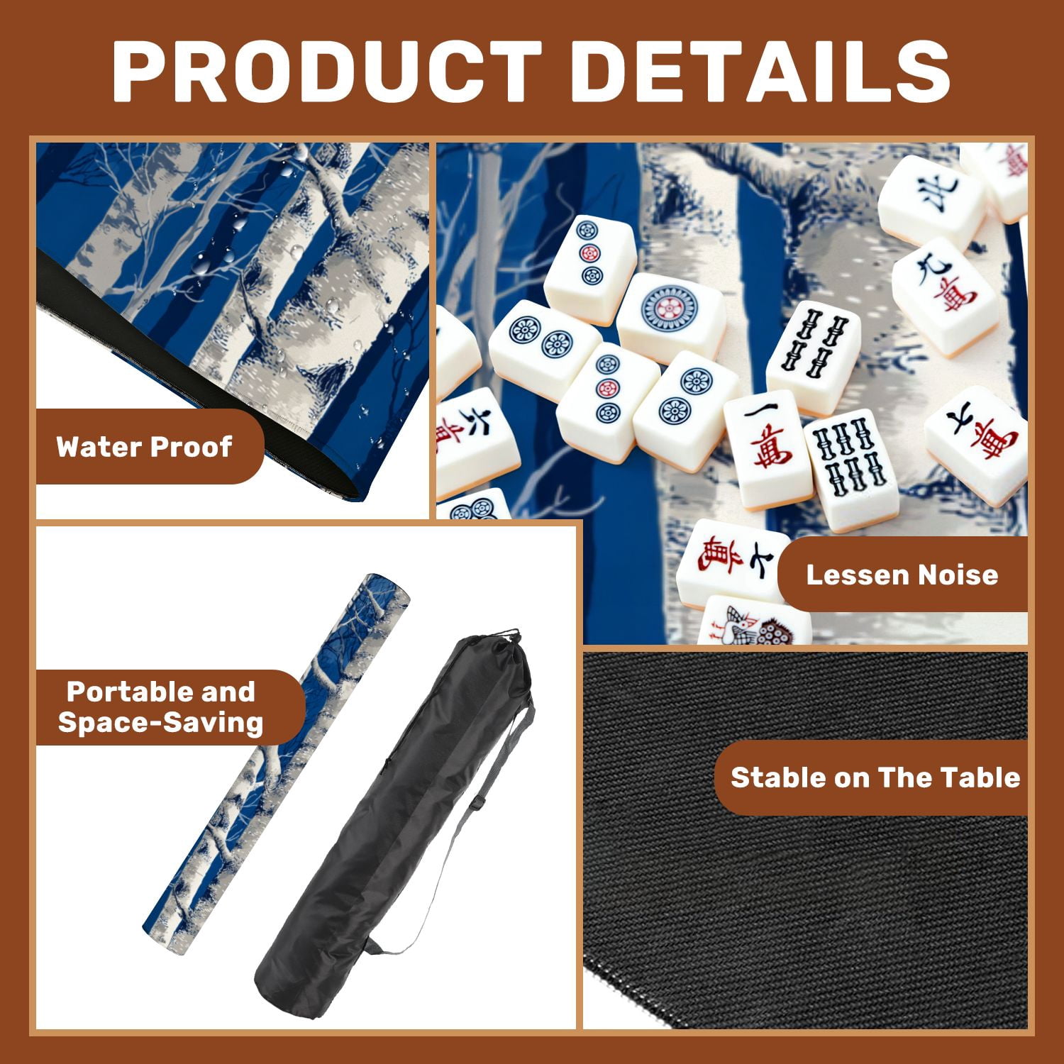 Mahjong Mat 31.5" x 31.5" seamless horizontal trees birches Black white Non-Slip Noise Reduction American Mahjong Tiles Table Cover for Dominoes Poker Card Board Games Gift