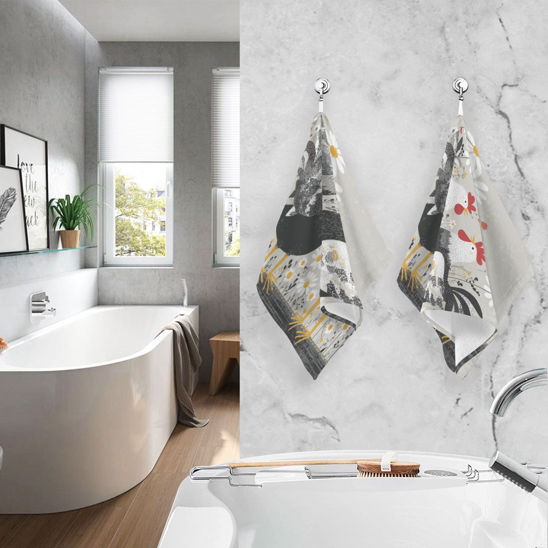 2 Pcs Absorbent Face Towel Bath Hand Towels Soft Breathable Cotton Towel Set for Bathroom Kitchen Hotel Spa Decor Black and White Chick