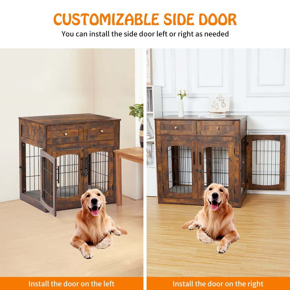 Kselythan Dog Crate Furniture with 3 Doors,39.4" Large Dog Crate with 2 Drawer & Cushion,Wooden Dog Crate Table Dog House Kennel for Medium/Large Dog,Indoor End Table Dog House Dog Cage