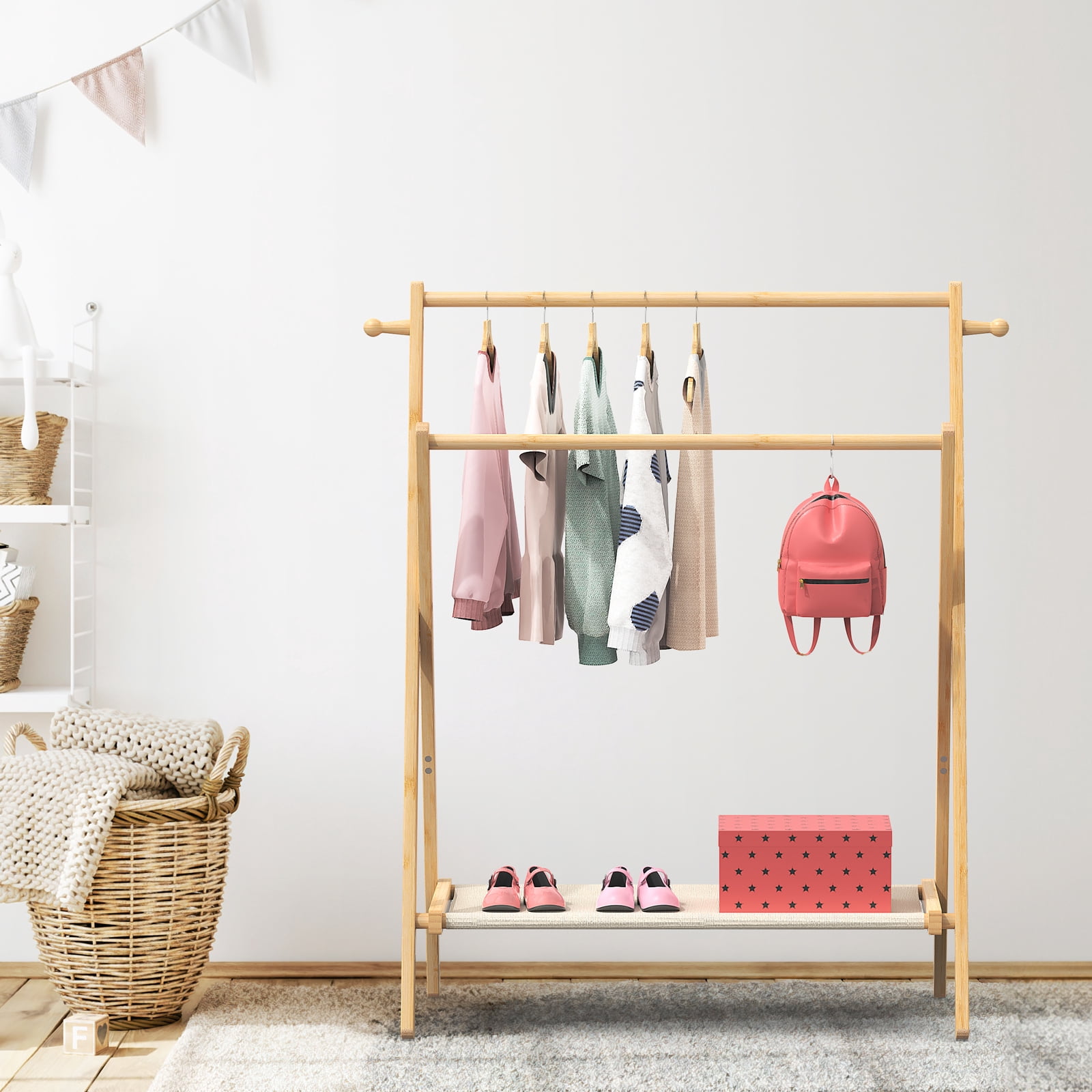 BAMBOOHOMIE Kids Clothes Rack, Bamboo Small Clothing Rack with Storage Shelf & 2 Rods, Foldable Child Garment Rack for Hanging Clothes, Regular Size