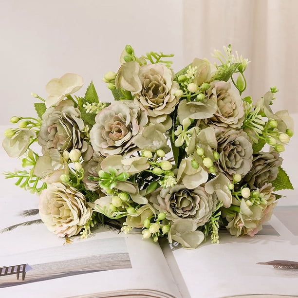 Nvzi 3 paquetes de rosas artificiales, flores de imitación, ramo de hortensias de seda, estilo vintage para boda (verde)