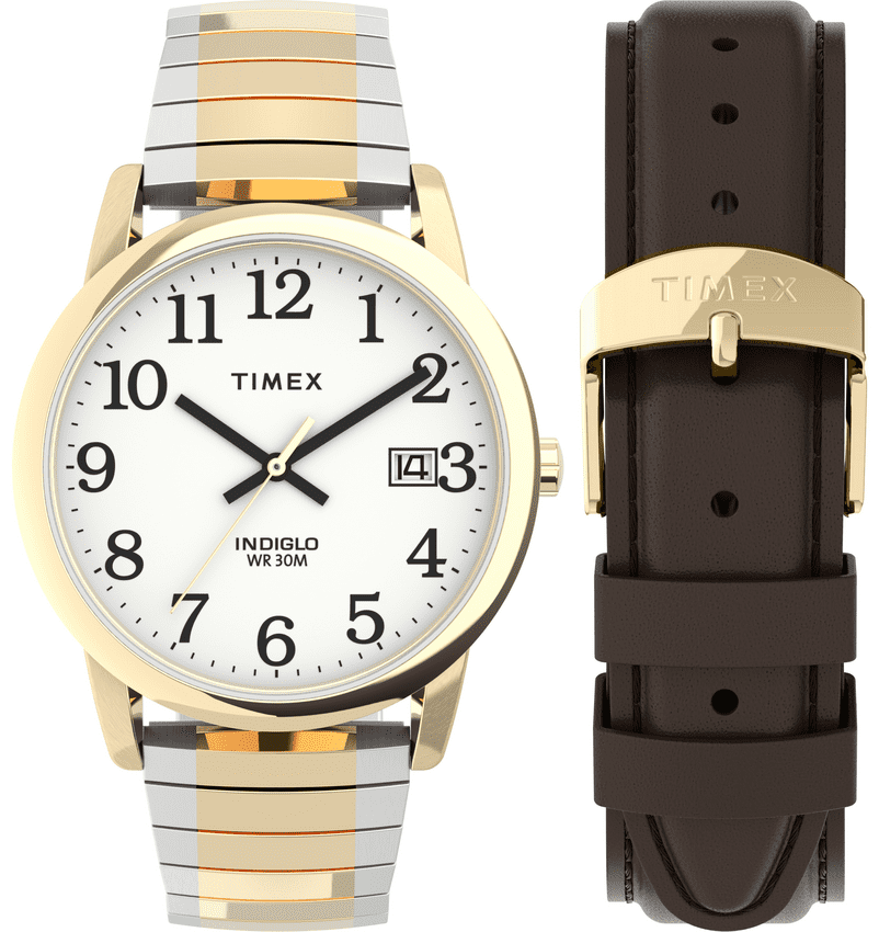 Timex Men's Easy Reader 35mm Watch Box Set – Two-Tone Case White Dial with  Tapered Expansion Band + Brown Leather Strap