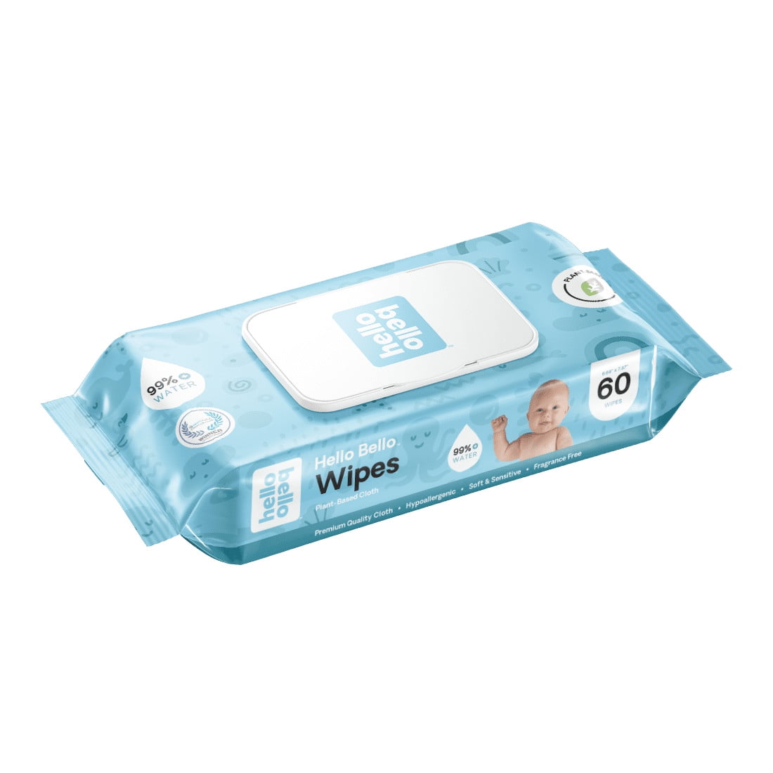 (2 pack) Hello Bello Baby Wipes, 60 Unscented Plant-Based Wipes, 1 Pouch (Choose Your Count)
