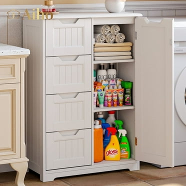 Aiho 33.5 "H Wooden Bathroom Storage Cabinet with 4 Drawers, a Cupboard and Adjustable Dividers for Bathroom,Living room,and Bedroom - White