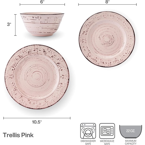 Trellis Pink 12 Piece Dinnerware Plate Bowl Set, Service for 4