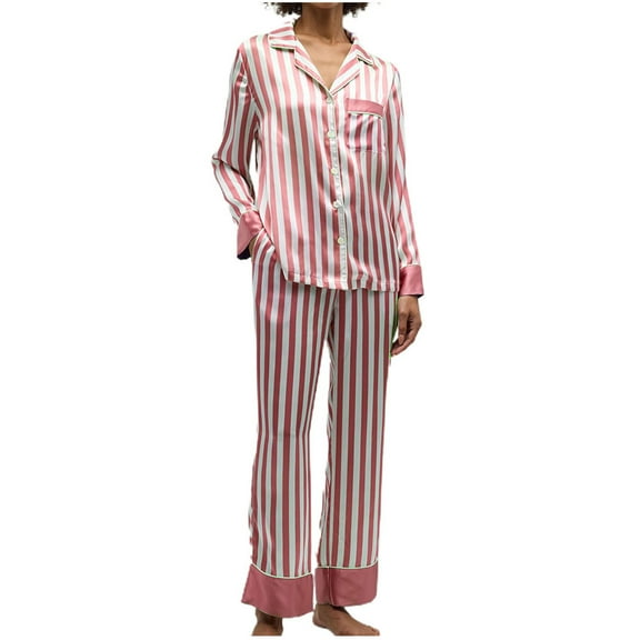 WRKEKC Silk Pajamas for Women Striped Print Collared Cardigan Satin Loungewear Long Top Pant Sleepwear Set for Women Home Outfit