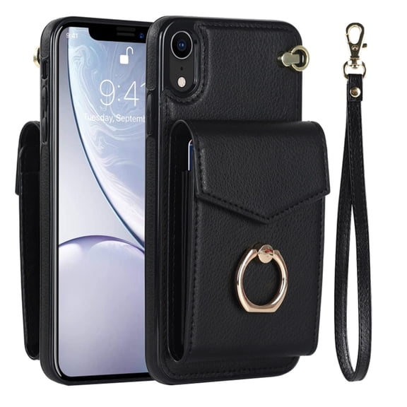 For iPhone XR Case Premium PU Leather Accordion Folding Wallet &Card Holder With RFID Shielding Material Phone Case ,with Adjustable Ring Holder And Wristband,black,For iPhone XR