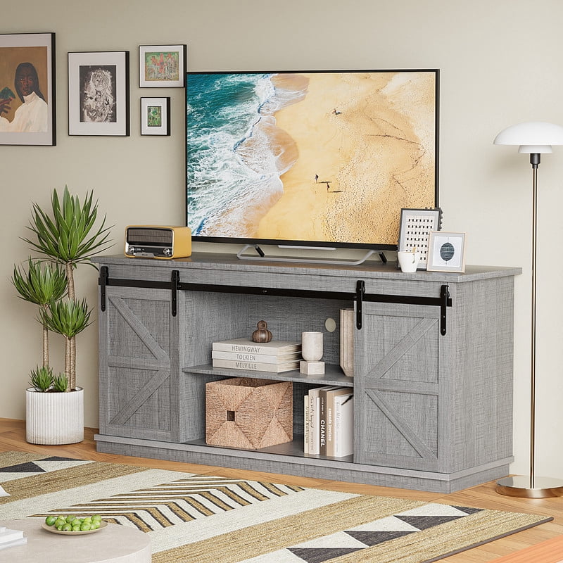 Vineego Rustic Modern TV Stand for 65-Inch TVs - Entertainment Center with Storage Cabinet & Sliding Barn Door Design,Gray