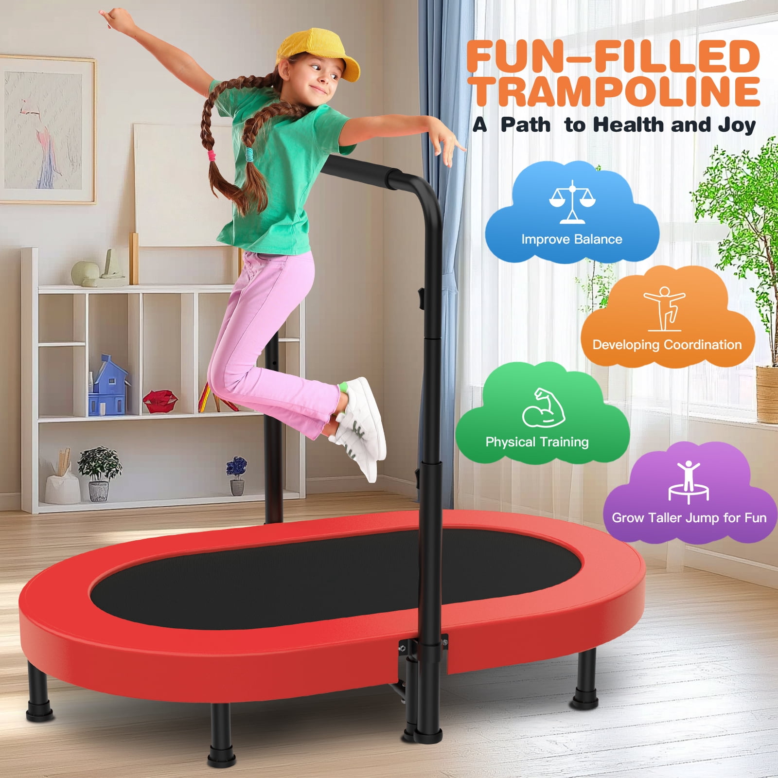 Foldable Mini Trampoline with Adjustable Handle, Parent-Child Rebounder Trampoline Max 220lbs for Kids & Family Exercise