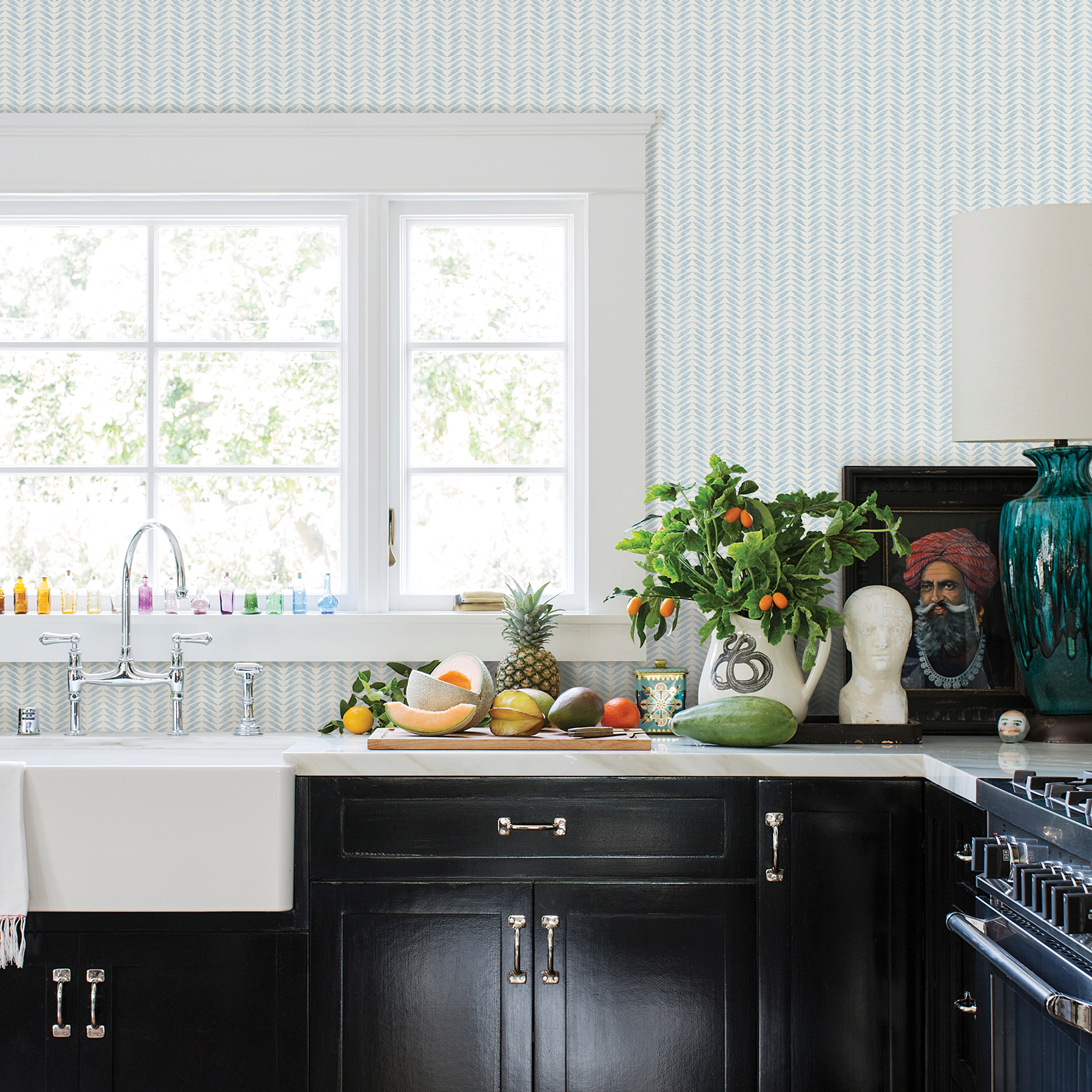 Chesapeake Espalier Sky Blue Chevron Stripe Wallpaper
