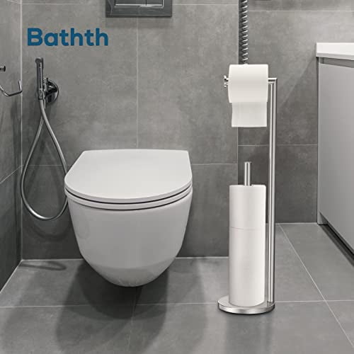 Freestanding Toilet Paper Holder Stand with Storage, Brushed Nickel Finish, Modern Bathroom Organizer for Tissue Roll Dispenser and Extra Storage Space