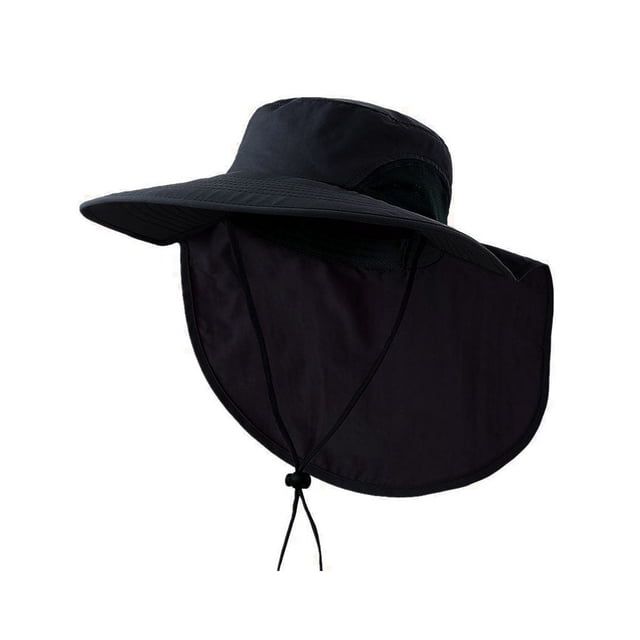Chapeau de Soleil pour Hommes Protection Visage Pêche Extérieure Sangle Randonnée Été Protection Cou Pliable Protection Solaire Respirant Noir