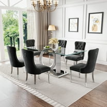 7-Piece 70" Glass Dining Table Set, Tempered Glass Top with Double O-Shape Frame & Stainless Steel Base, 6 Velvet Chairs with Stainless Steel Legs