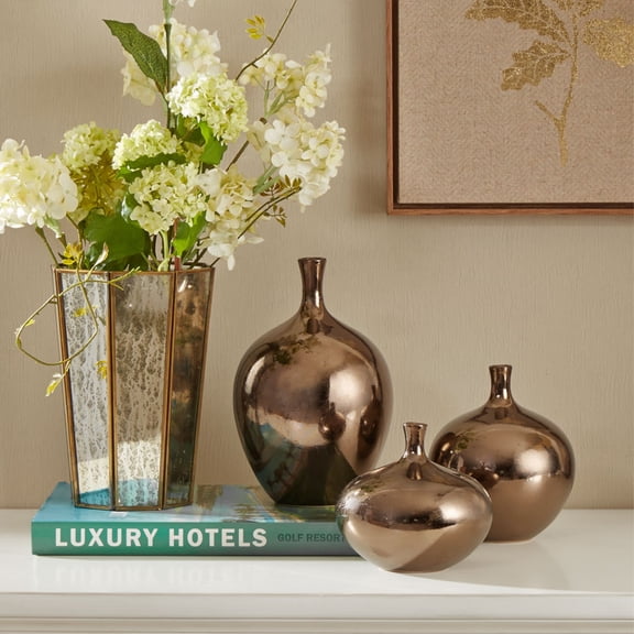 Ergode Mirrored Ceramic Decorative Vases - 3-Piece Set | Metallic Bronze Finish | Lightweight & Durable | Captivating & Coordinated Aesthetic | Handmade & Unique