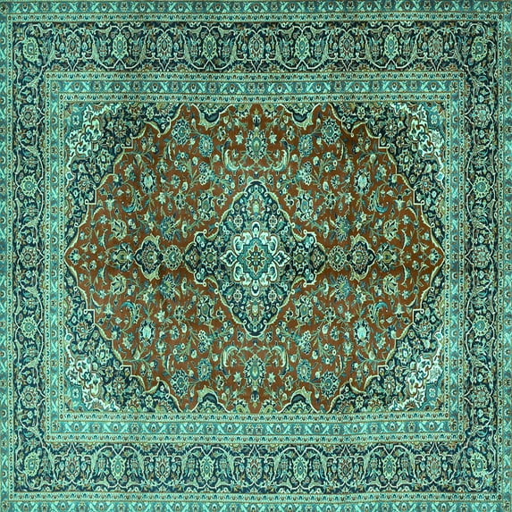 Ahgly Company Machine Washable Indoor Square Medallion Turquoise Blue Traditional Area Rugs, 7' Square