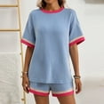 thumbnail image 4 of Short Sets for Women 2 Piece Knit Beach Vacation Color Block Crew Neck T Shirt Shorts Summer Lounge Sets, 4 of 8