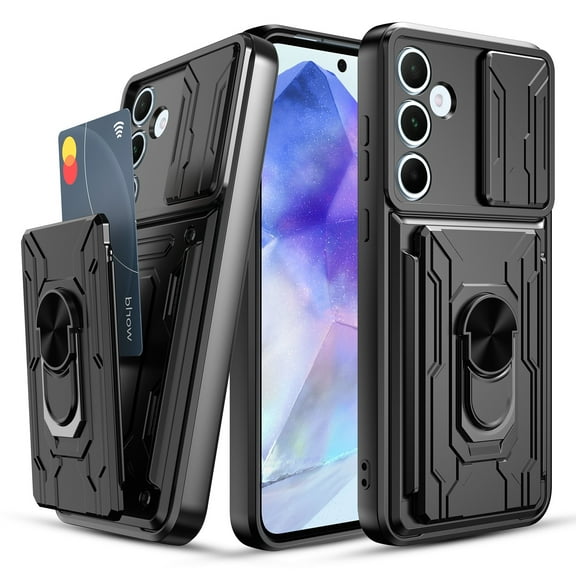 Innens for Samsung Galaxy A15/A25/A55 5G 6.5inch Card Slot Wallet Case Finger Ring Holder Cover with Screen Protector, Black