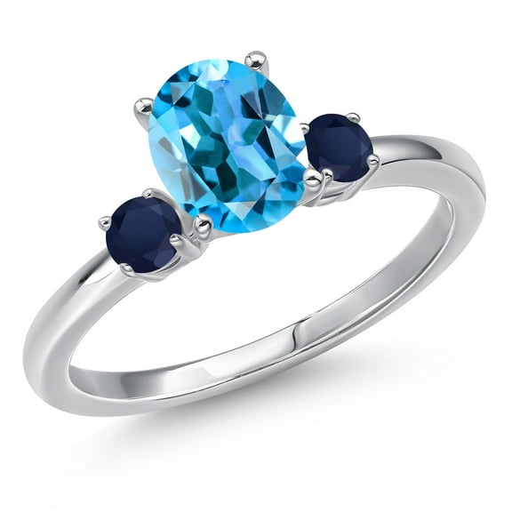 Gem Stone King 14K White Gold Swiss Blue Topaz and Blue Sapphire Engagement Ring for Women | 1.80 Cttw | Oval 8X6MM | Gemstone November Birthstone | Size 7