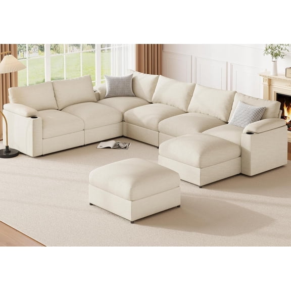 Modular Sectional Sofa Couch for Living Room Velvet Couches Oversized U Shaped Convertible Sleeper Sofa Chaise Detachable Armrest Cushion Cup Holder (Chenille White, 8 Seats)