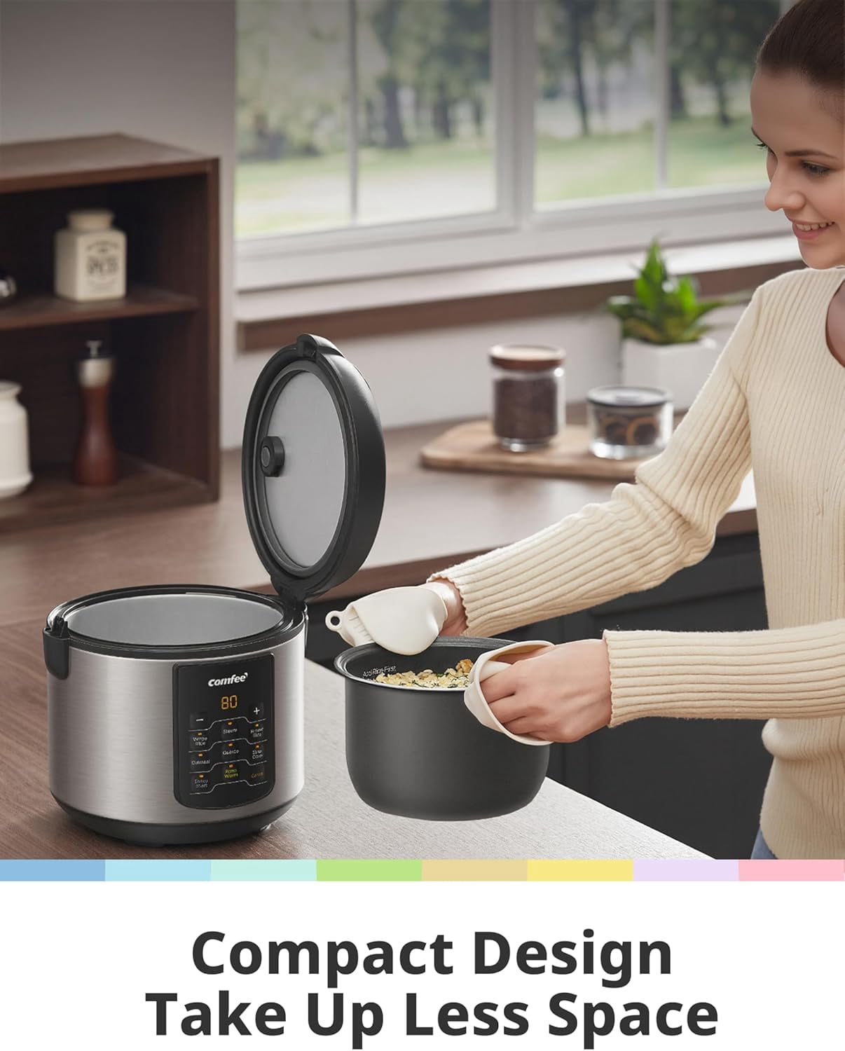 Compact Rice Cooker 6-in-1 Multi Cooker Stainless Steel Slow Steamer Saute Warmer 2QT 8 Cups Brown Quinoa Oatmeal
