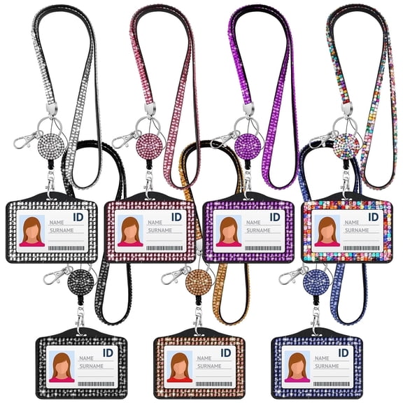 7-Color Rhinestone Lanyard Card Holder Set – Sparkling ID Badge Holder with Retractable Reel & Quick-Release Clip, Crystal-Decorated Horizontal Badge Holder for Students, Office & Nurses, Bling Work