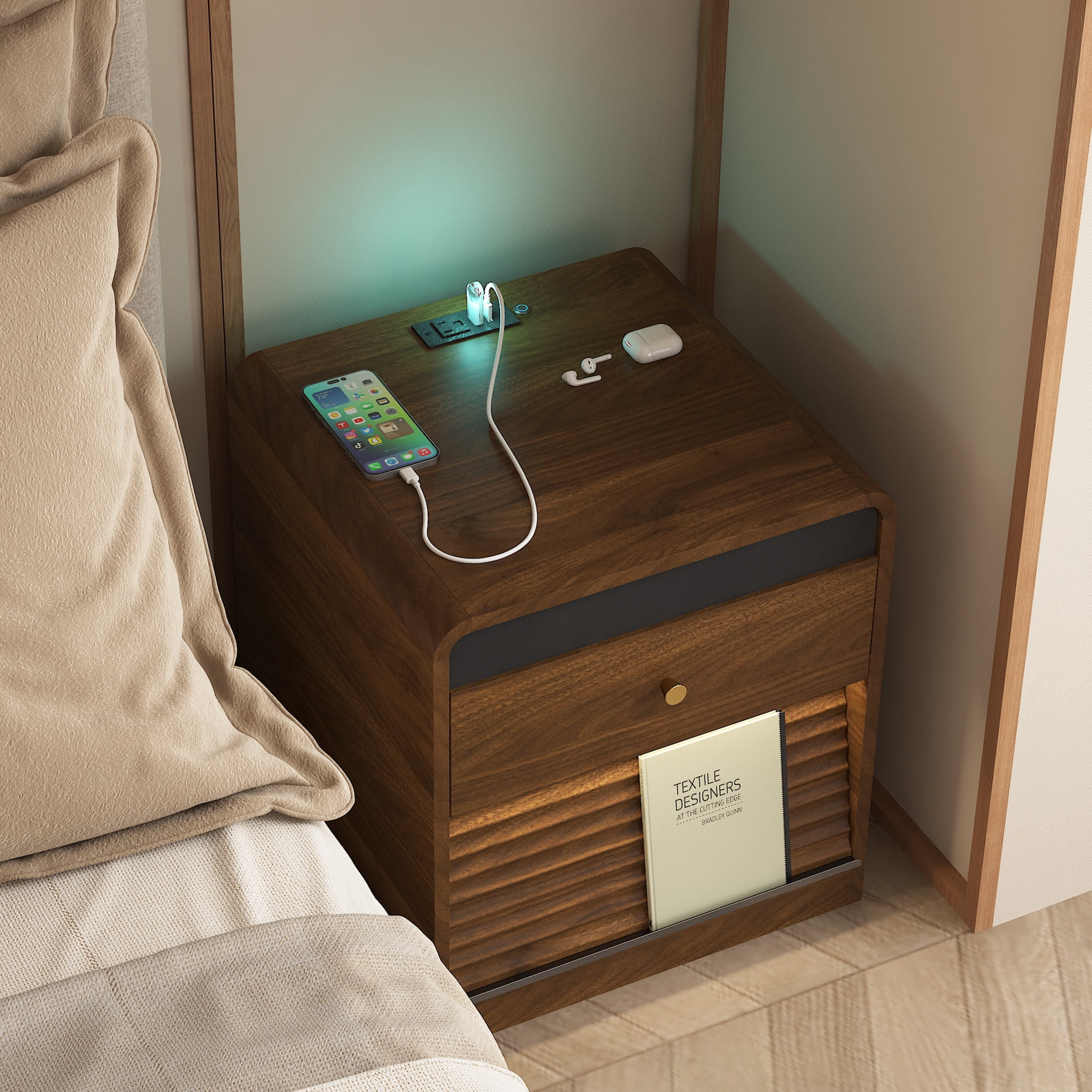 Aukfa Smart Nightstand with Charging Station, Side Table with Voice-Controlled 7-Color LED Light, Modern Bedside Table for Bedroom,Walnut
