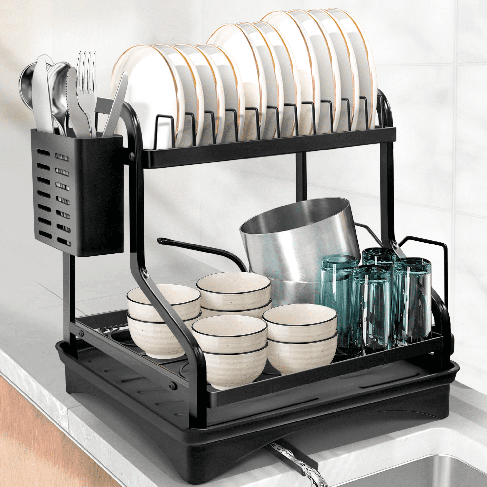  Qienrrae Dish Drying Racks for Kitchen Counter, Stainless  Steel 2 Tier Black Dish Dryer Rack with Drainboard Set, Large Dish Drainers  with Wine Glass & Utensil Holder and Dryer Mat