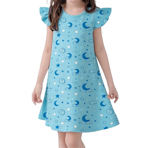 WAYUTE Girls Flutter Sleeve Dresses Moon Star Print A Line Dress Nightgown for Toddler Kids Summer Soft Breathable Home Outfit Casual Holiday,Sky Blue,Size 4-5 Y