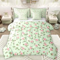 Manfei Fashion Green Flower Bedding Comforter Set 7 Pieces, Romantic Rustic Floral Full Bedding Set, Teens Kids Girls Women Fitted Sheet Flat Sheet, Lightweight Room Decor