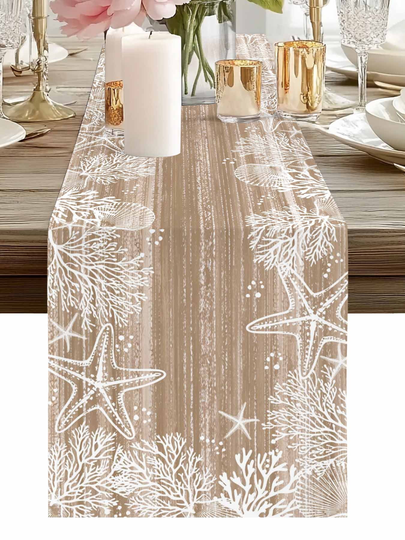 Sea Stars Table Runner, Summer Beach Sea Star Coral Brown Texture Washable Cotton-linen Table Runners Dining Kitchen Decoration for Everyday Home Wedding Party Decor, 13 x 120 Inch