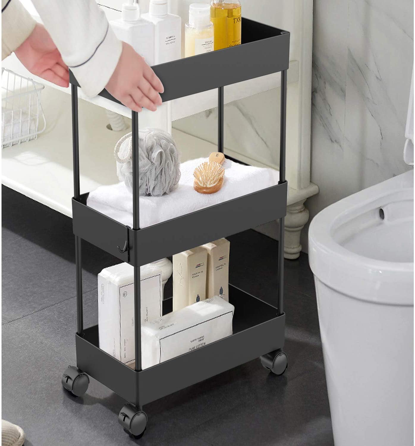 Aojia Slim Storage Cart 3 Tier, Narrow Shelving Unit For Bathroom