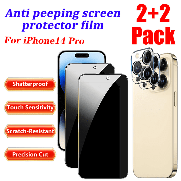 2 Pack For iPhone 14 Pro（6.1 Inch） Privacy Screen Protector And 2 Pack Camera Lens Protector, 9H Hardness Tempered Glass，Touch Sensitivity，Anti-Fingerprint,Easy Installation,Bubble-Free