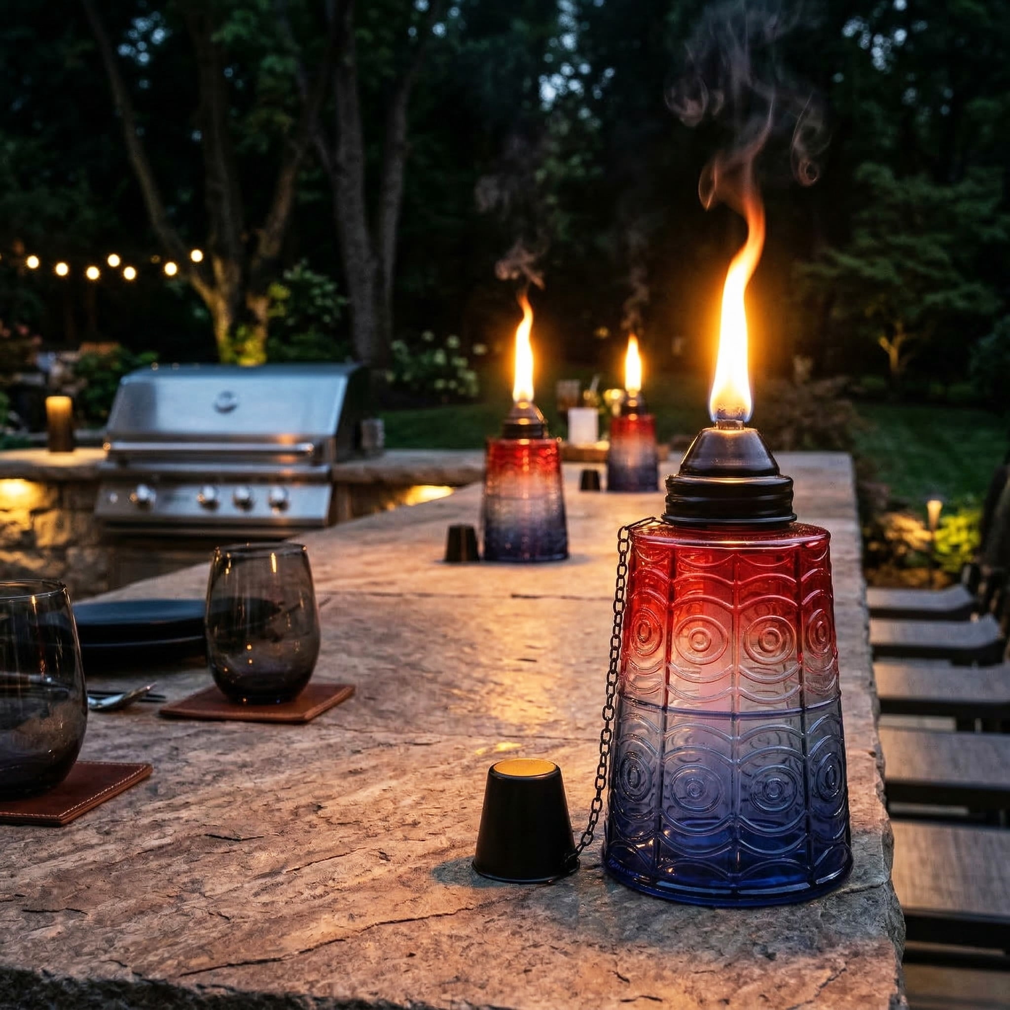 Seraphic Table Top Citronella Torches for Outdoor Patio, 16oz Decorative Glass Torch Citronella Oil Candles for Outside Deck, Garden, Parties, Set of 3, Red/White/Blue