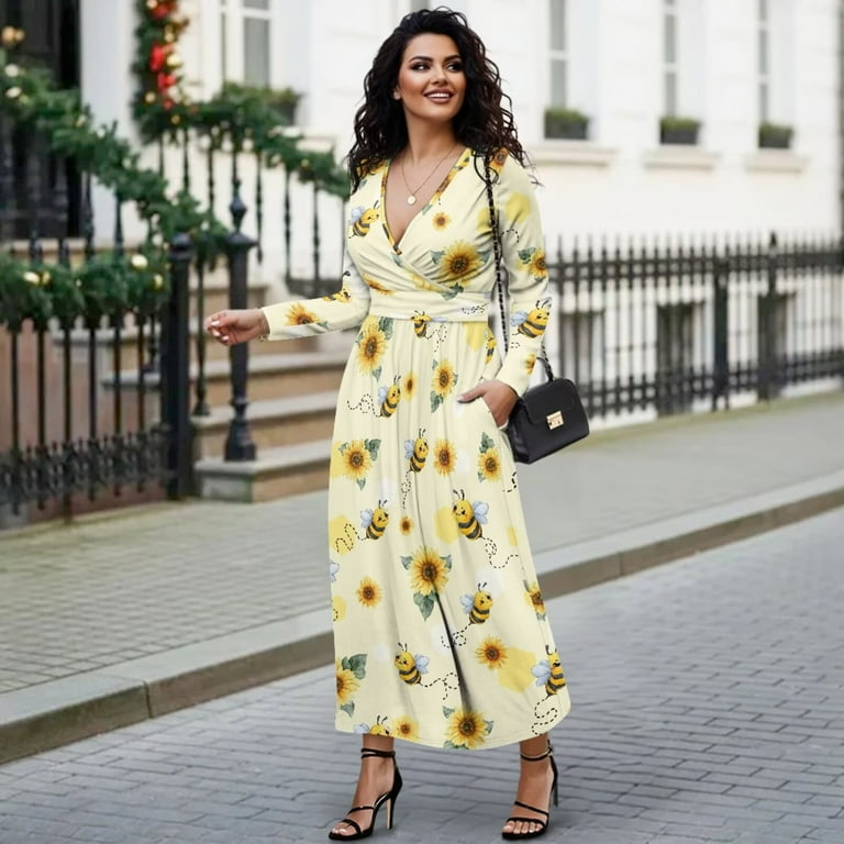 Fkelyi Womens Long Sleeve Fall Dress V Neck Casual Maxi Dress with Pockets Sunflower Bee Print Soft A-Line Flowy Tiered Waist Dresses for Ladies, 2XL, Fkelyi Womens Long Sleeve Fall Dress V Neck Casual Maxi Dress with Pockets Sunflower Bee Print Soft A-Line Flowy Tiered Waist Dresses for Ladies, 2XL,