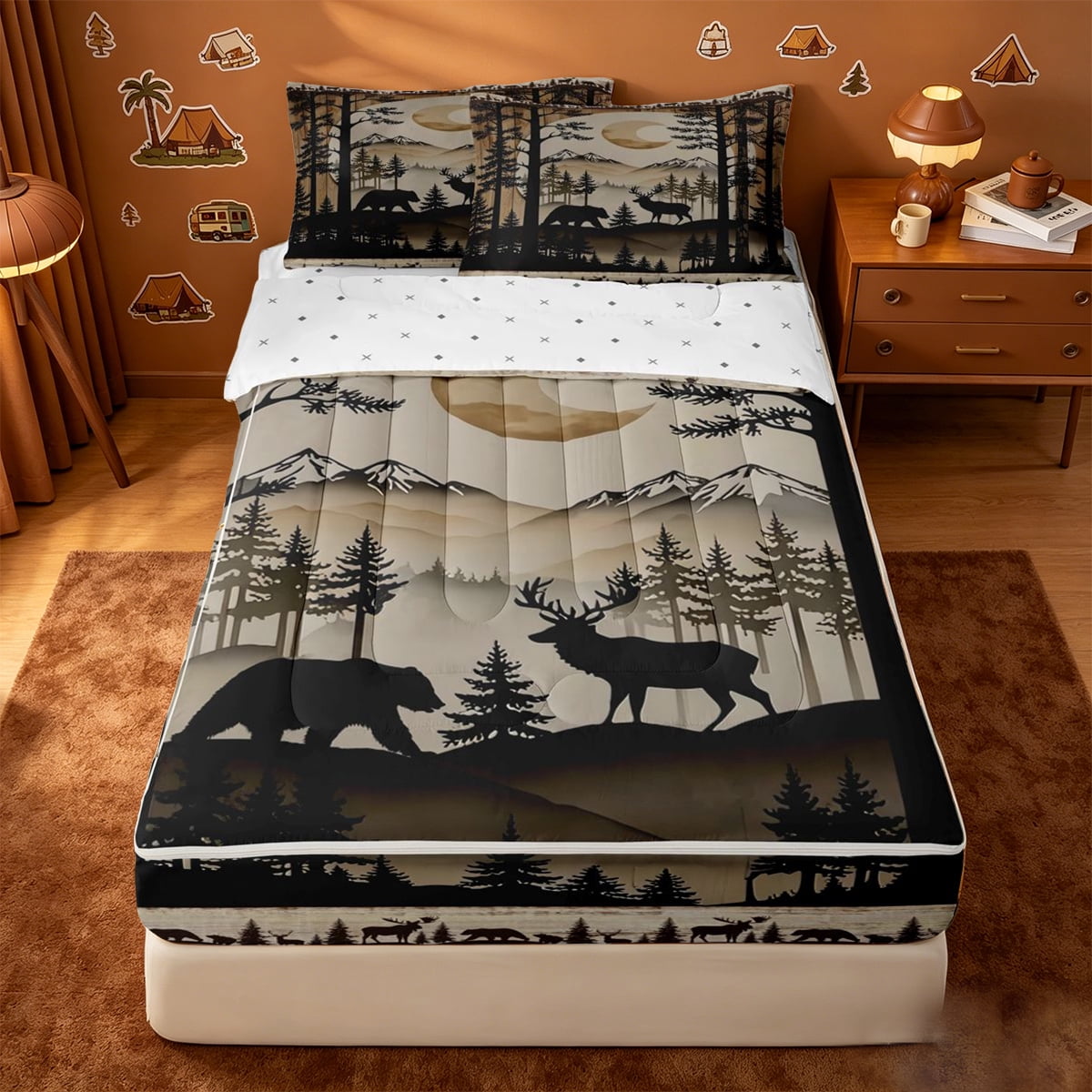 Homewish Rustic Wildlife Silhouette Zipper Twin Comforter Sets with Fitted Sheet and 2 Pillowcases Mountain Bear Elk Zipper Bedding Set For Boys Reversible 4 Pieces