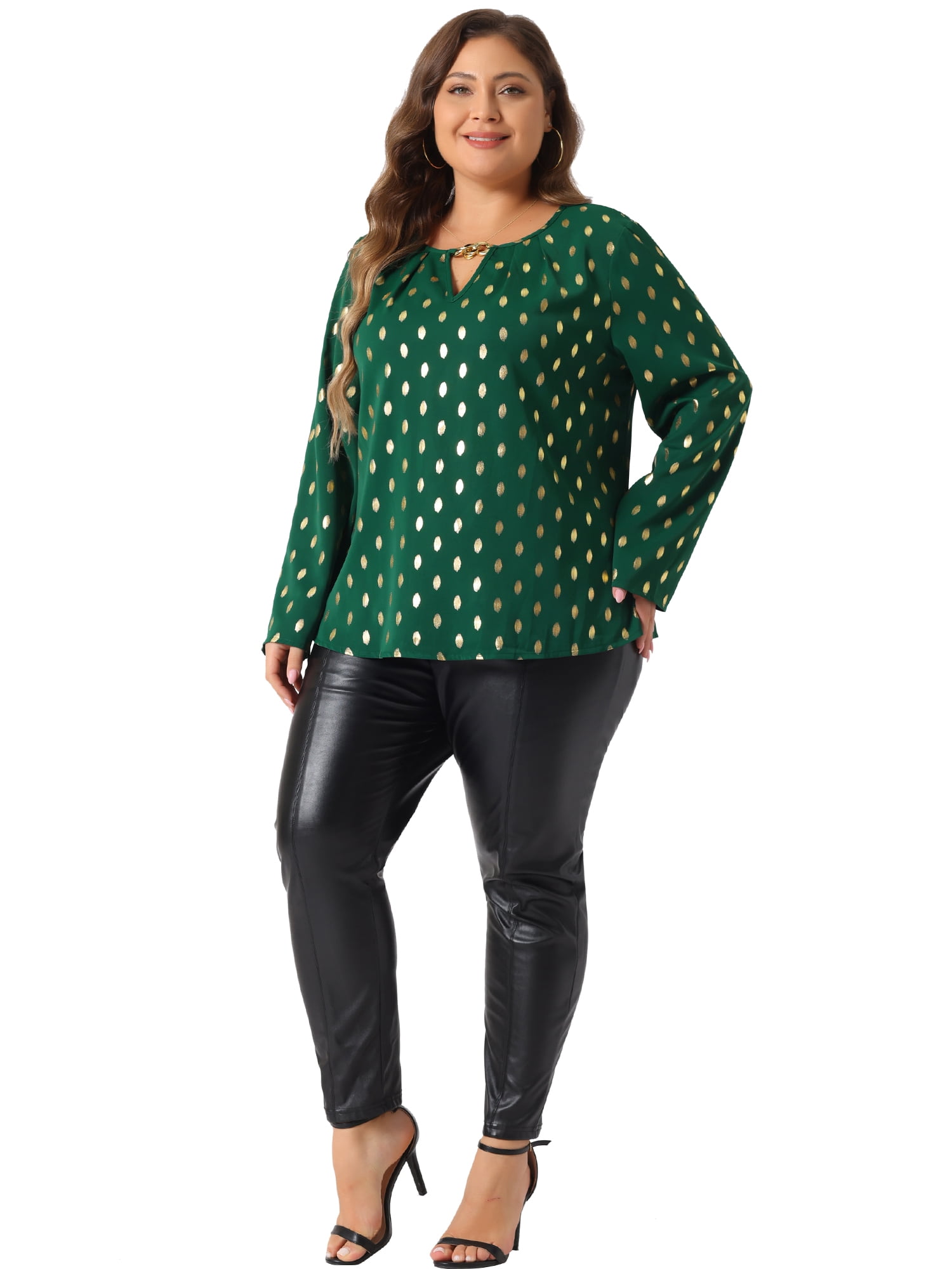 DARING DIVA Women's Plus Metallic Shiny Dots Blouse 3X Green