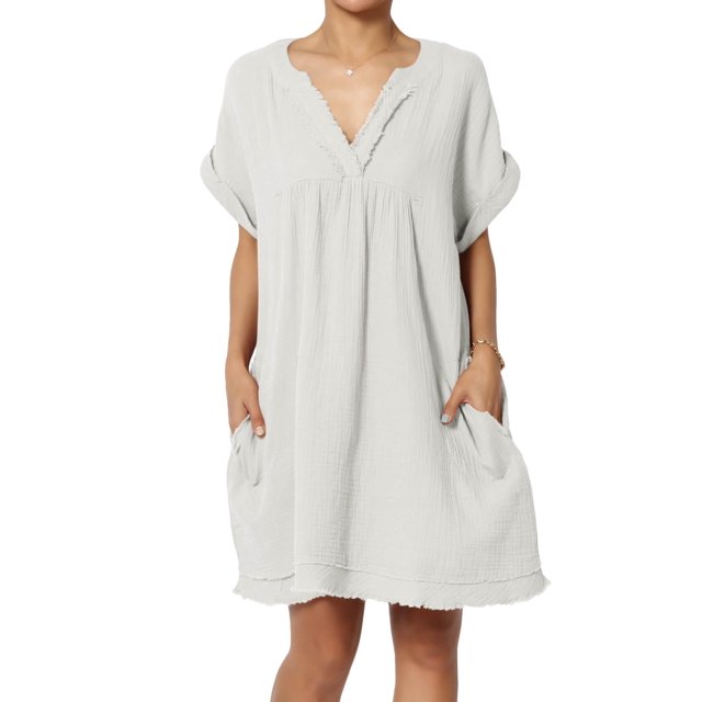 Mini vestido casual suelto de manga corta con cuello en V de gasa de algodón para mujer Hueso 3X