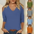 thumbnail image 5 of Dvprdro Women's Casual 3/4 Sleeve Off-Shoulder Tops Trendy V-Neck Solid Cut Out Comfortable Stylish Tops for Women Dark Blue 2XL, 5 of 5