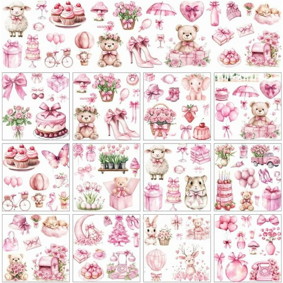 12 Sheets Rub On Transfer Stickers Pink Bear Stickers Cute Animals Cakes for Party Favors Decorations Porcelain Water Bottle Decor 5.5 x 5.5 Inches‌