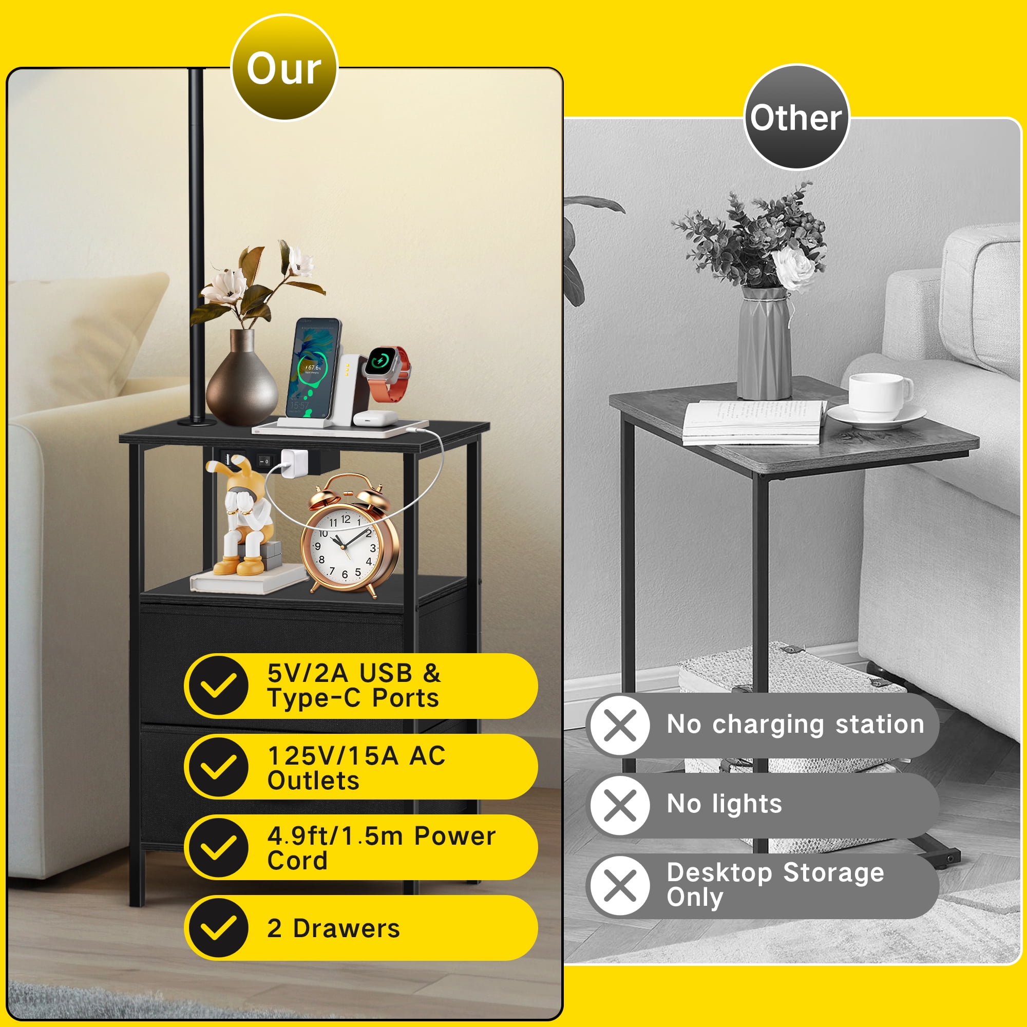 OUTONLIFE Floor Lamp with Table for Bedroom Living Room, End Table with 2 Drawers , Lamp with USB Port and Outlet, 3 Color Led Bulb Included, Black