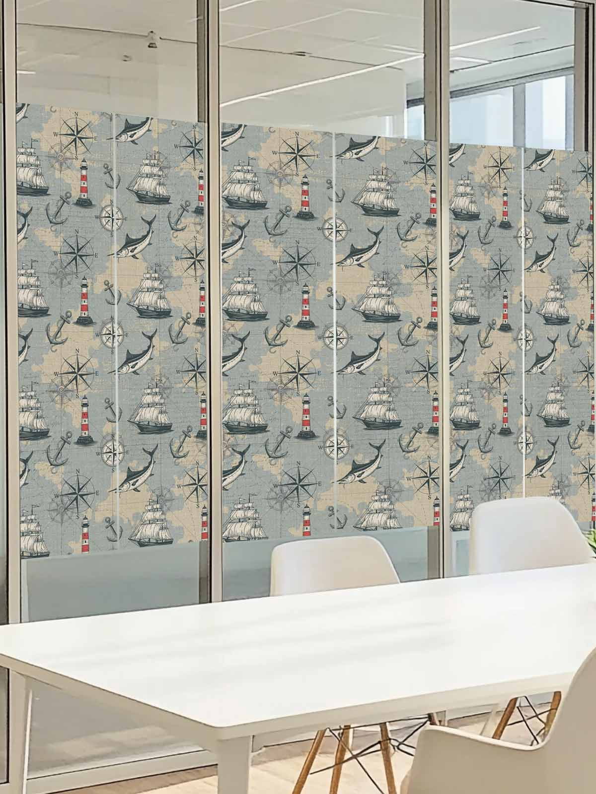 Blue Grey Nautical Window Privacy Film, Vintage Boats Seaports Maps Fish Linen Frosted Glass Window Clings Static Cling UV Heat Blocking Reusable Door Sticker for Bathroom 23.6 x 59 Inch