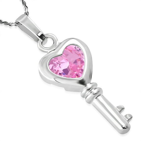 Stainless Steel Silver-Tone Pink CZ Love Heart Key Pendant Necklace