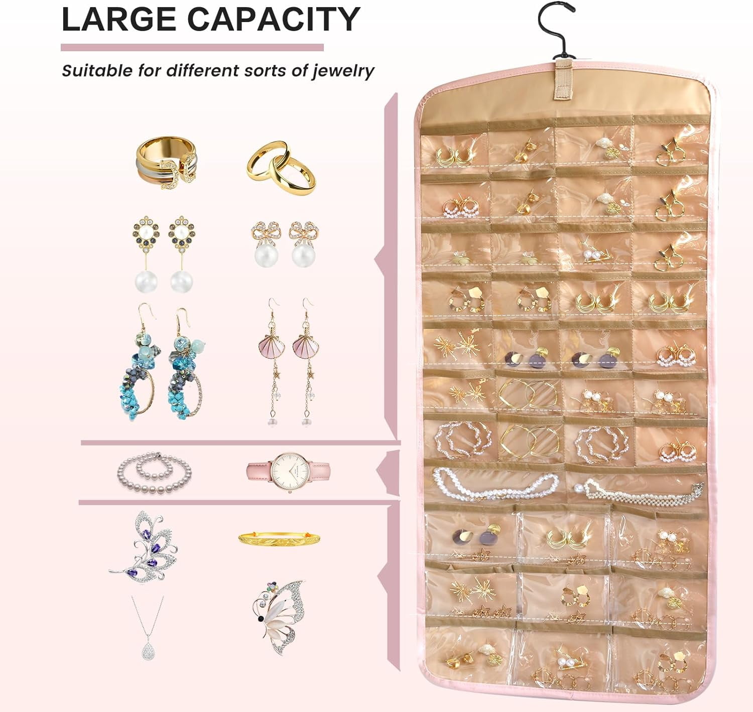Hanging Jewelry Organizer Storage Roll with Hanger Metal Hooks Double-Sided Jewelry Holder for Earrings Necklaces Rings on Closet Wall Door, 1 piece