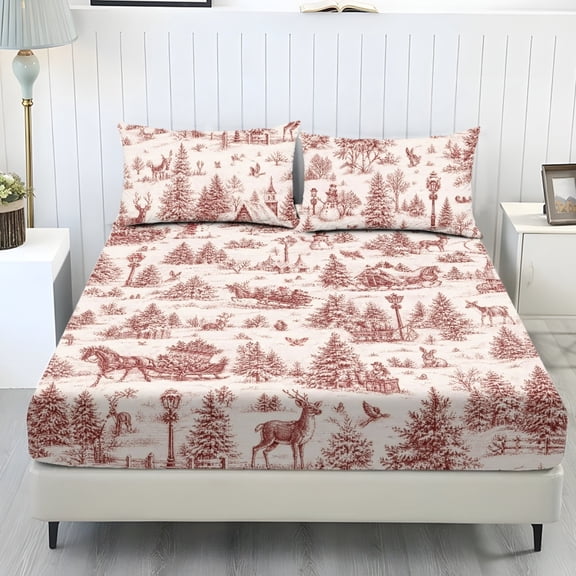 Jeiento Red Christmas Toile 3-Piece Bedding Set, Soft Deep Pocket Fitted Sheet with 2 Pillow Shams, Vintage Winter Forest Deer Pattern Bed Cover for Holiday Bedroom, Twin Size