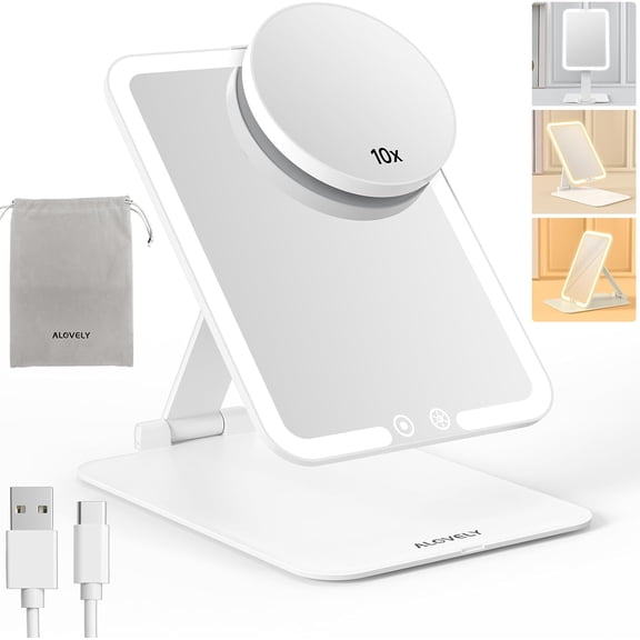 Travel Makeup Mirror with Lights, Foldable Compact Mirror with 10X Magnifying Mirror Portable Ultra Slim Vanity Mirror with 3 Lighting Colors Touch Screen for Travel and Women Gift