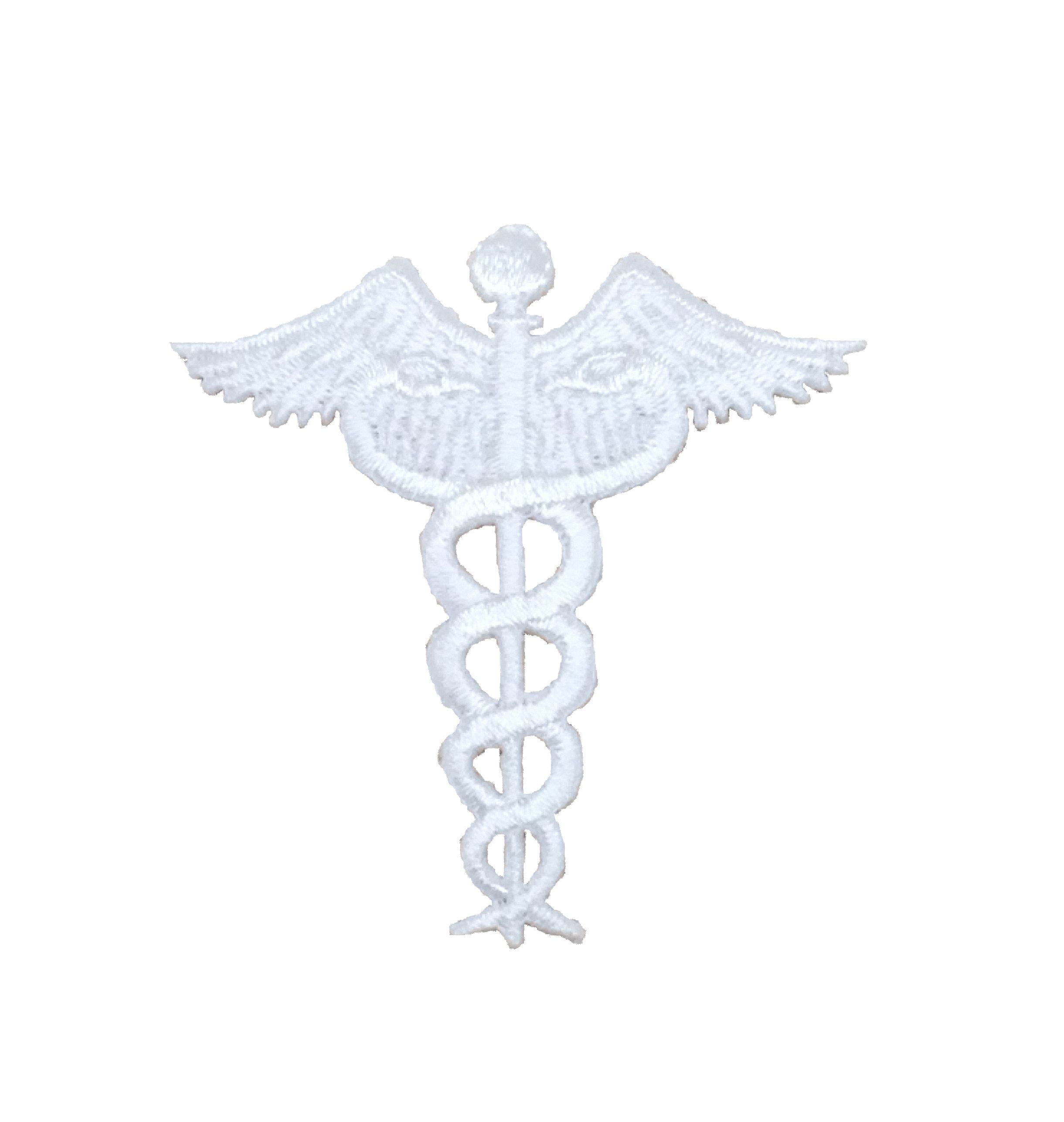 White Medical Nursing Caduceus Iron on Embroidered Applique Patch
