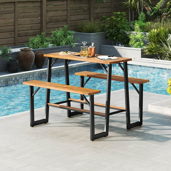 Auranook Patio Picnic Table Bench Set w/Acacia Wood Tabletop Benchtop Built-in Footrests