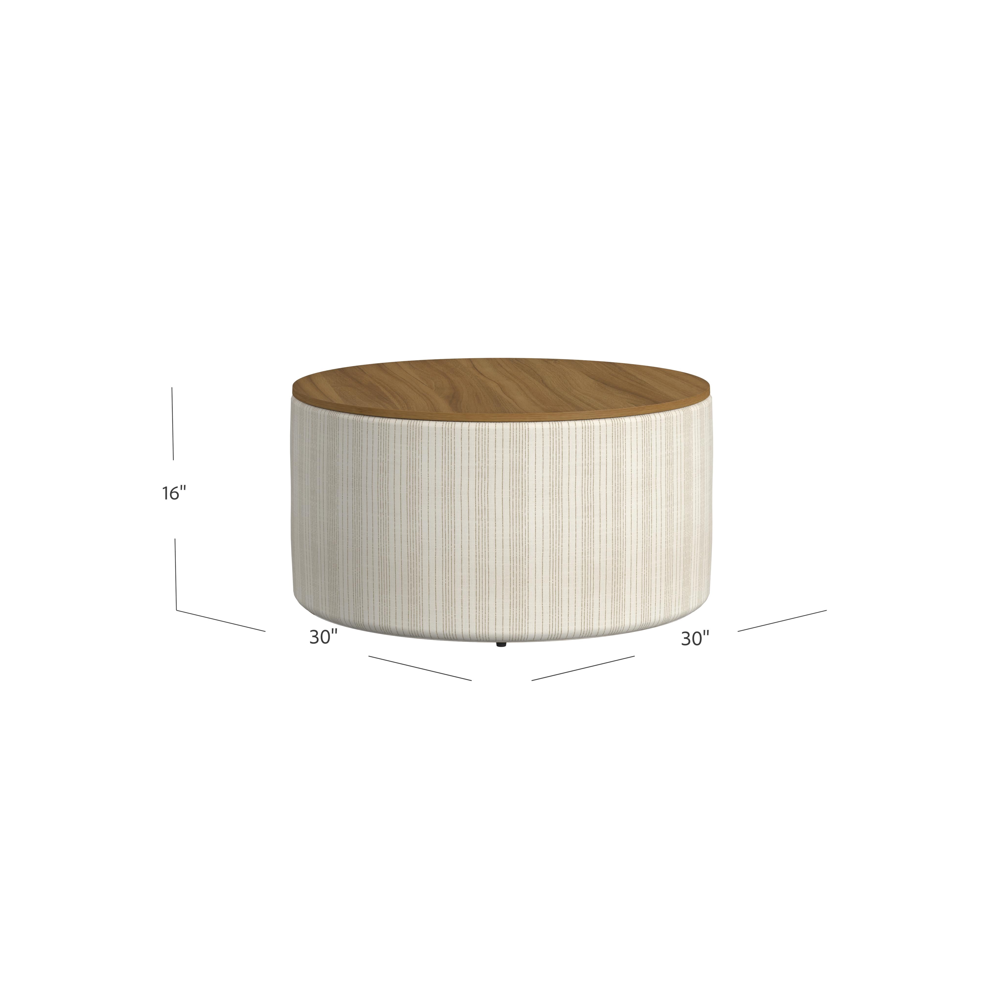 HomePop Large Modern Round Storage Ottoman with Wood Lift-Top Lid, Marigold Pinstripe/Honey Oak